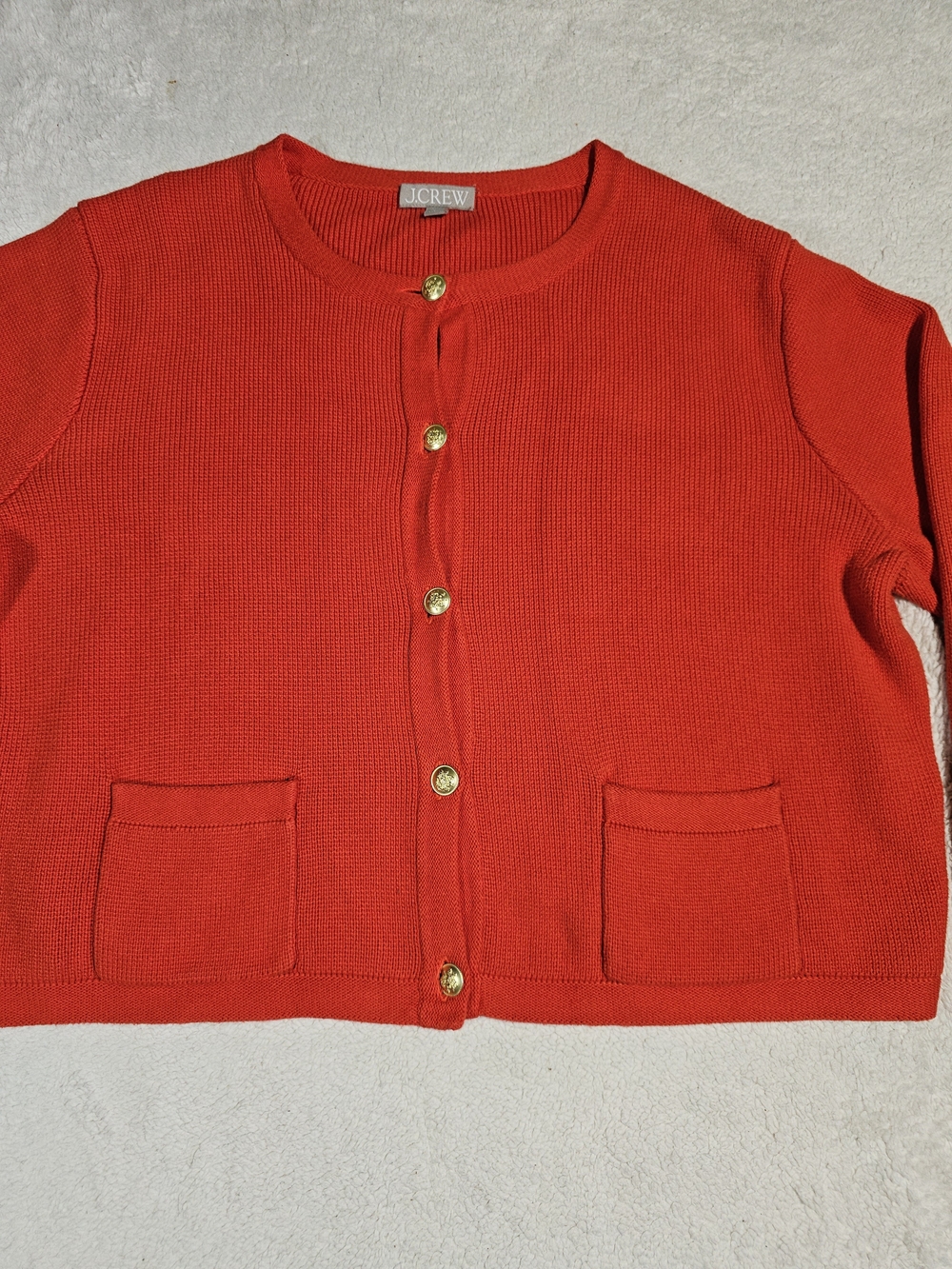 J. Crew Red Cropped Crewneck Cardigan with Gold Buttons. - Picture 4 of 13